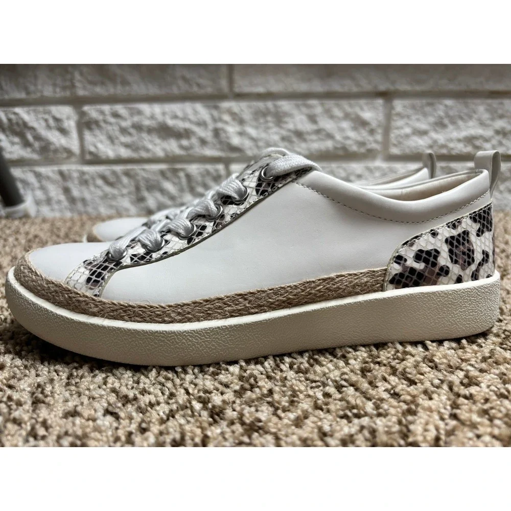 Vionic Winny Sneakers Womens 6.5 White Leopard Print Trim Casual Shoes Leather